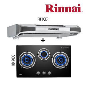 RINNAI RH-90ER 90CM SLIMLINE HOOD + RB-783G 3 BURNER BUILT-IN HOB TEMPERED GLASS (BLACK) TOP PLATE BUNDLE DEAL!