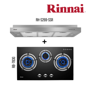 RINNAI RH-S269-SSR SLIMLINE HOOD STAINLESS STEEL AND METALLIC SILVER FINISH + RB-783G 3 BURNER BUILT-IN HOB TEMPERED GLASS (BLACK) TOP PLATE BUNDLE DEAL!