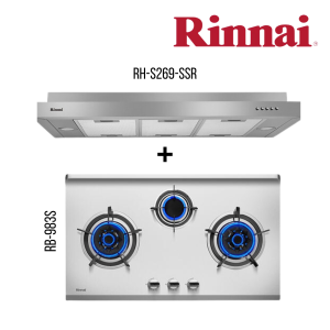 RINNAI RH-S269-SSR SLIMLINE HOOD STAINLESS STEEL AND METALLIC SILVER FINISH + RB-983S 3 BURNER BUILT-IN HOB STAINLESS STEEL TOP PLATE BUNDLE DEAL!