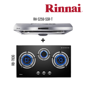 RINNAI RH-S259-SSR-T SLIMLINE HOOD +RB-783G 3 BURNER BUILT-IN HOB TEMPERED GLASS (BLACK) TOP PLATE BUNDLE DEAL!