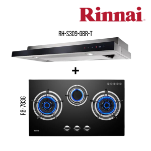 RINNAI RH-S309-GBR-T SLIMLINE HOOD + RB-783G 3 BURNER BUILT-IN HOB TEMPERED GLASS (BLACK) TOP PLATE BUNDLE DEAL!