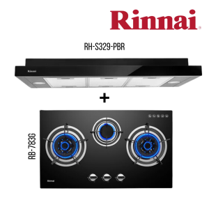 RINNAI RH-S329-PBR SLIMLINE HOOD +RB-783G 3 BURNER BUILT-IN HOB TEMPERED GLASS (BLACK) TOP PLATE BUNDLE DEAL!